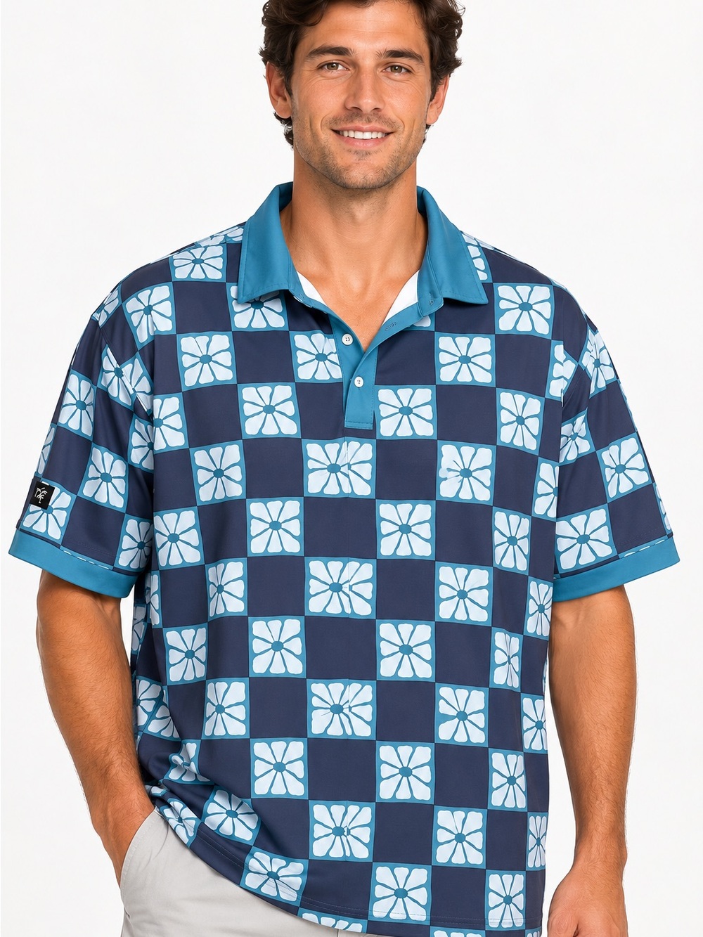 Sunday Swagger Men’s 2XL Blue Floral Checkered Golf Polo Retro Resort Shirt